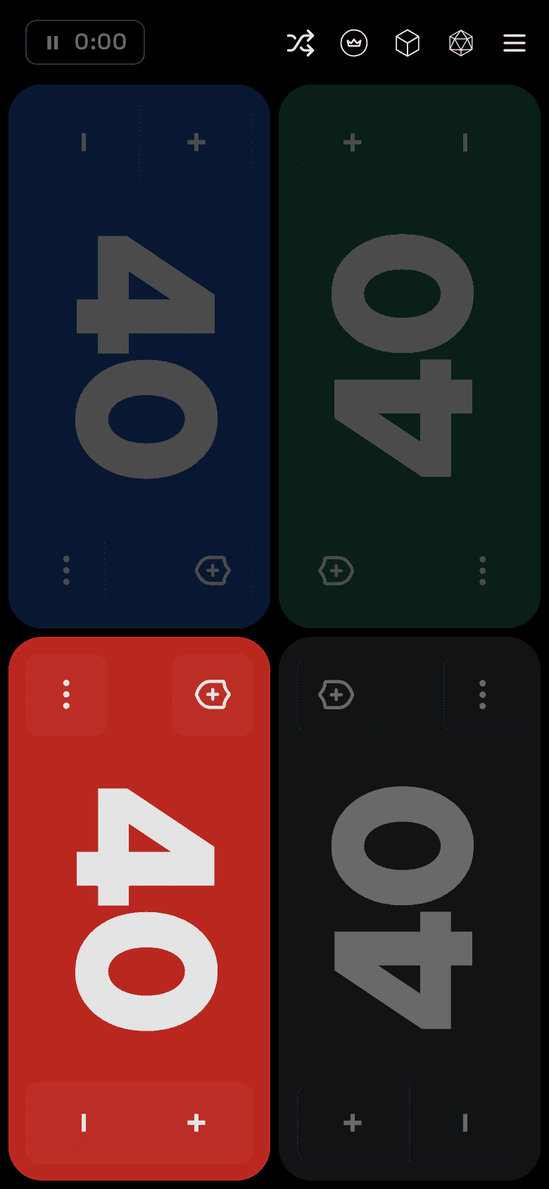 A four-player board, each seat showing a life total.