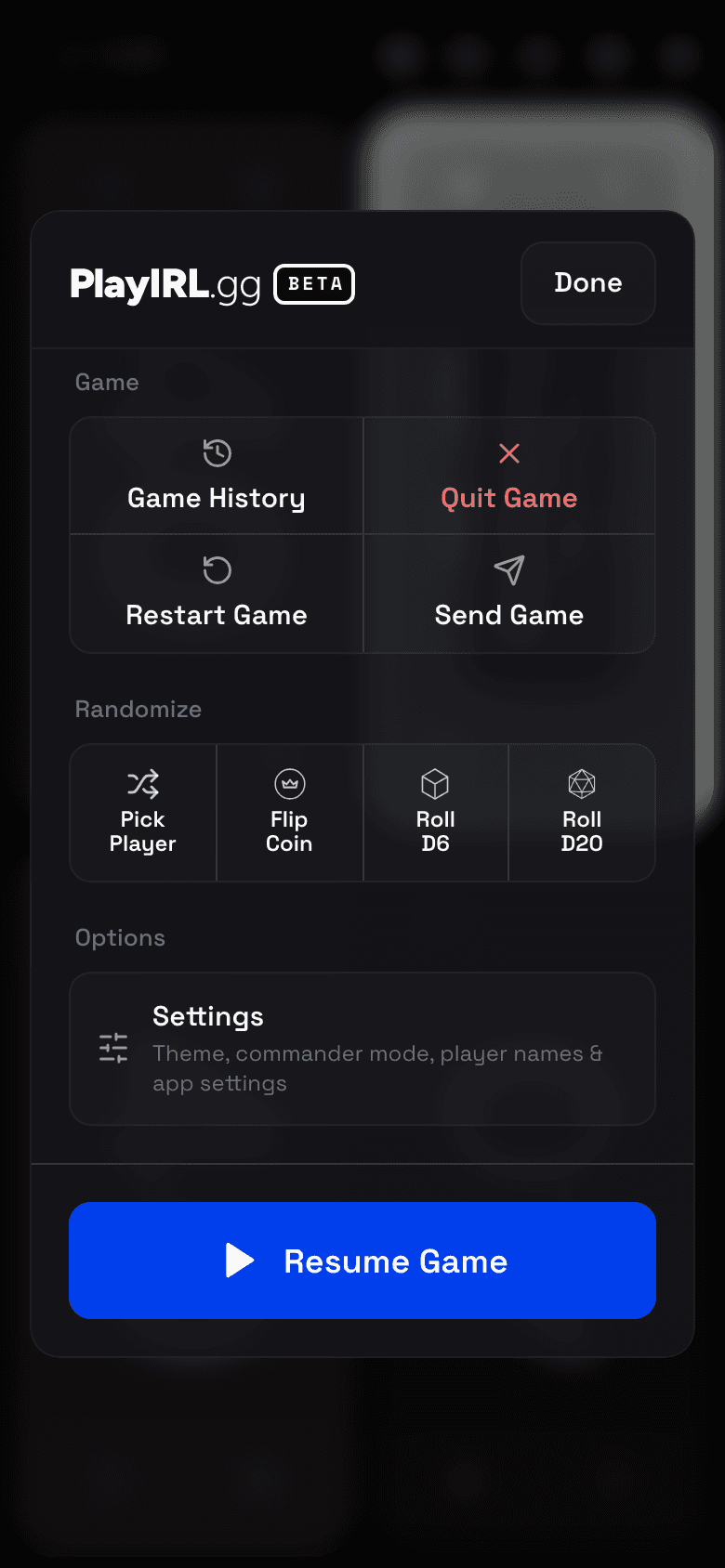 The in-game menu: game history, restart, quit, share, and the randomisers.
