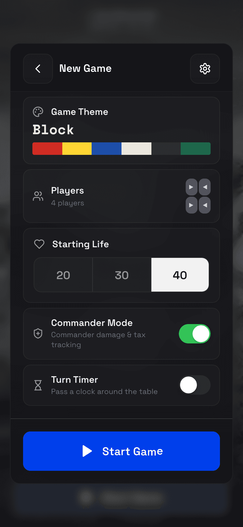 The New Game sheet, showing game theme, player count, starting life, Commander mode and the turn timer.