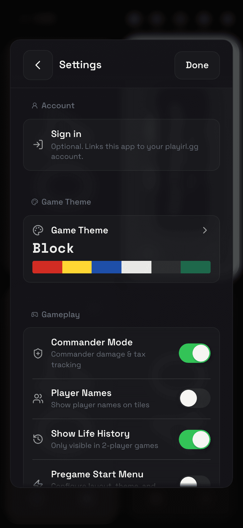 The app's Settings screen, showing the grouped options.