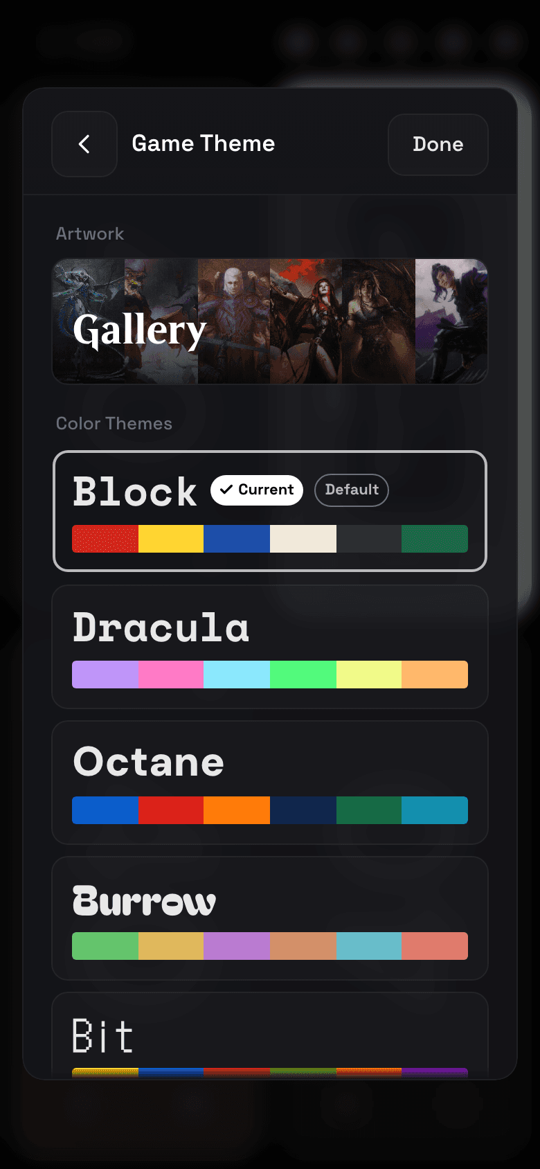 The Game Theme picker, showing the Gallery artwork and the colour themes beneath it.