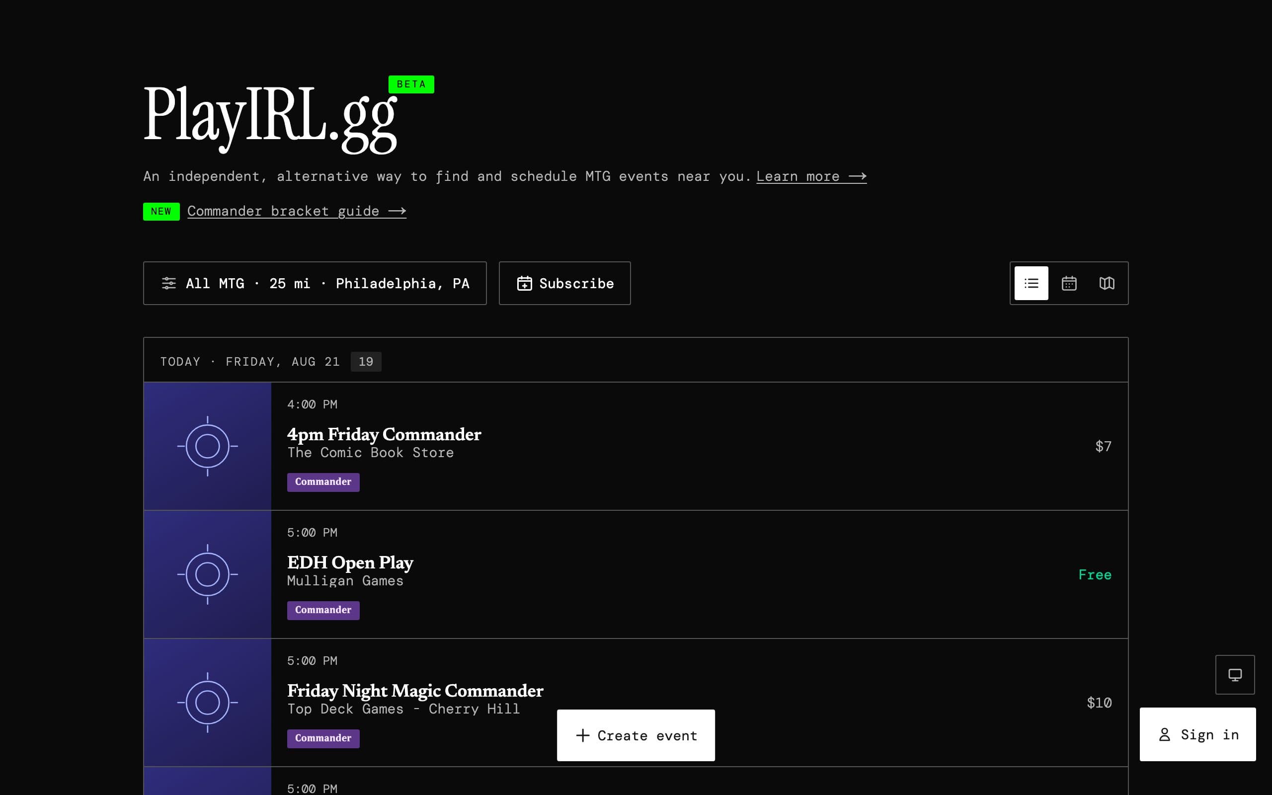 Home · event list (dark)