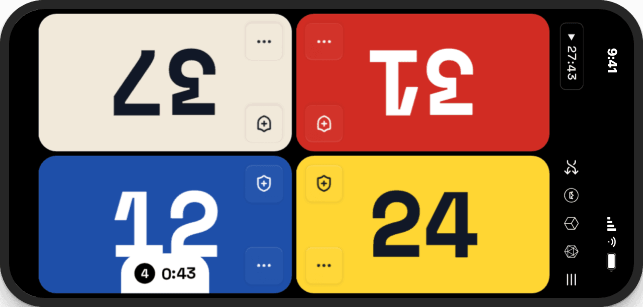 The PlayIRL app \u2014 4-player MTG life counter in landscape table mode, each player rotated to face their seat. Click to learn more.