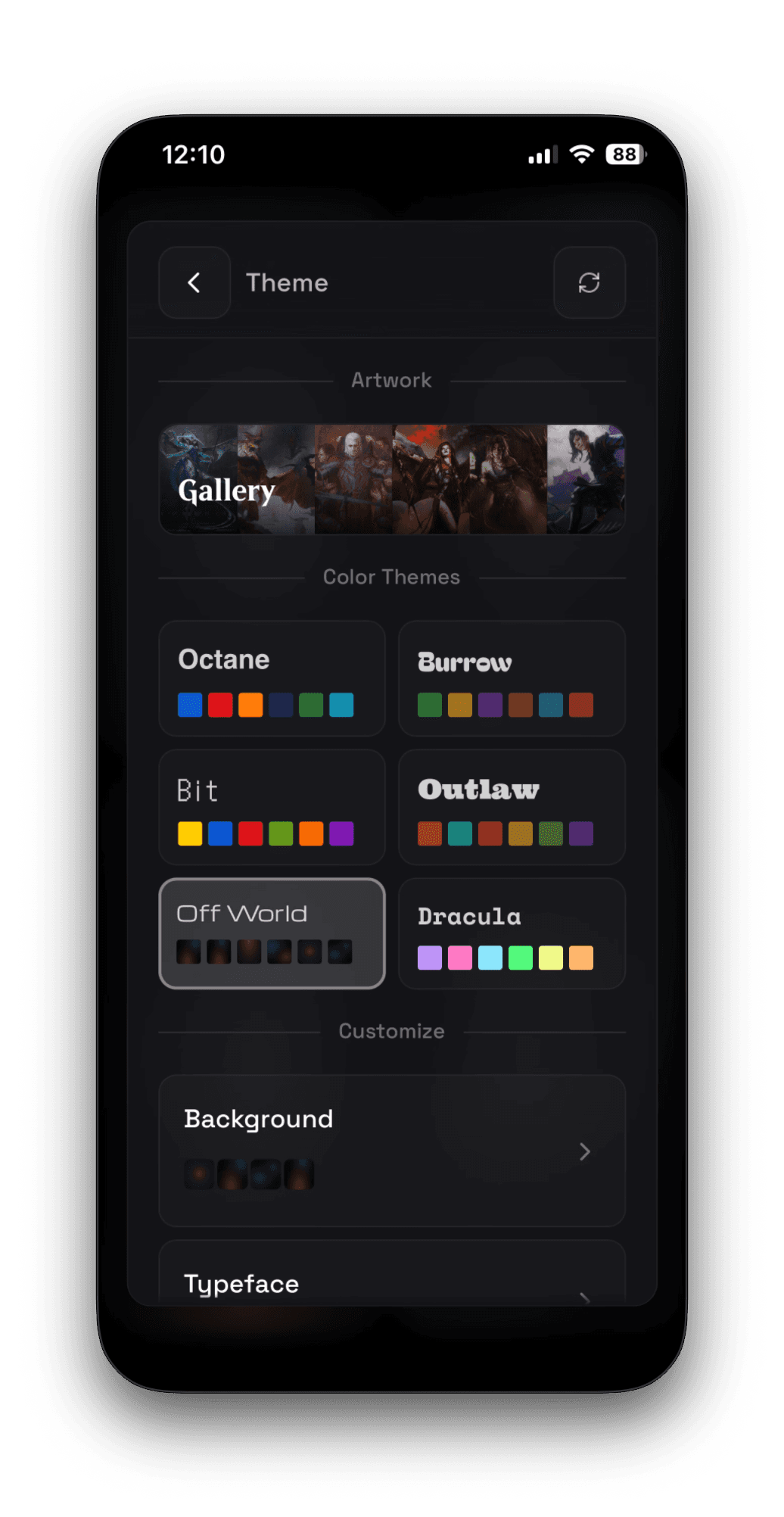 PlayIRL Track — theme picker with color themes, artwork gallery, and customization options