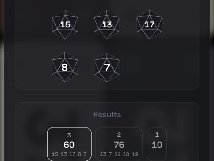 Five D20s rolled, with the totals of recent rolls