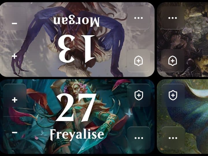 Gallery-theme player tiles with card art, each showing the player's name under their life total