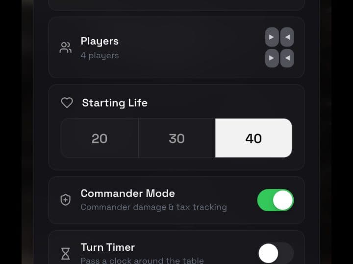The New Game screen with players, starting life, commander mode and turn timer