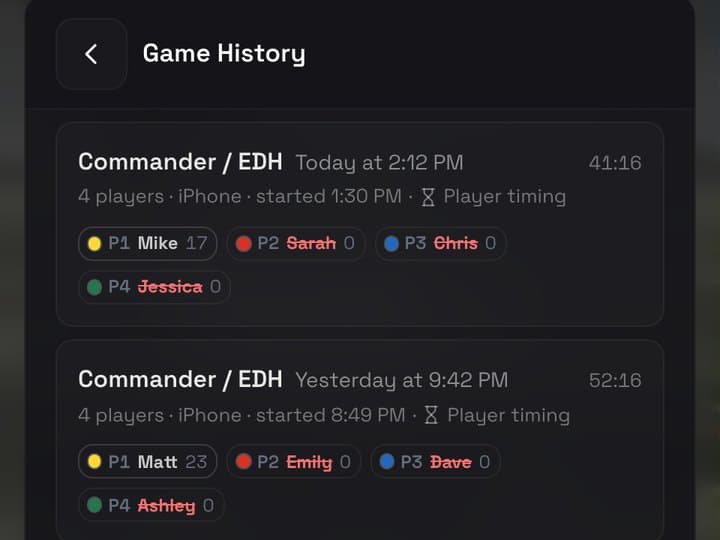 The Game History list: past games with their format, length and each player's final life