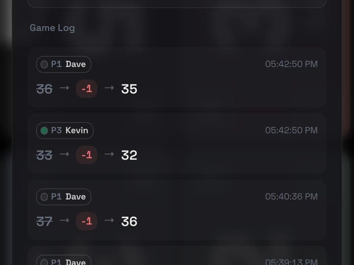 The game log, each change reading from old total to change to new total