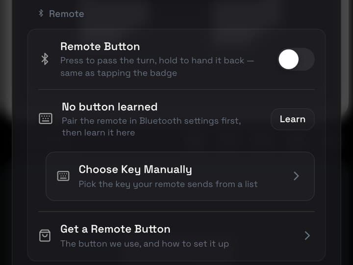 Remote Button settings with Learn, Choose Key Manually and Get a Remote Button