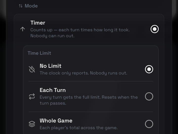 Player Timing settings with the Timer mode and its time-limit options