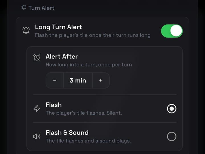 Long Turn Alert settings: alert after 3 minutes, flash or flash and sound